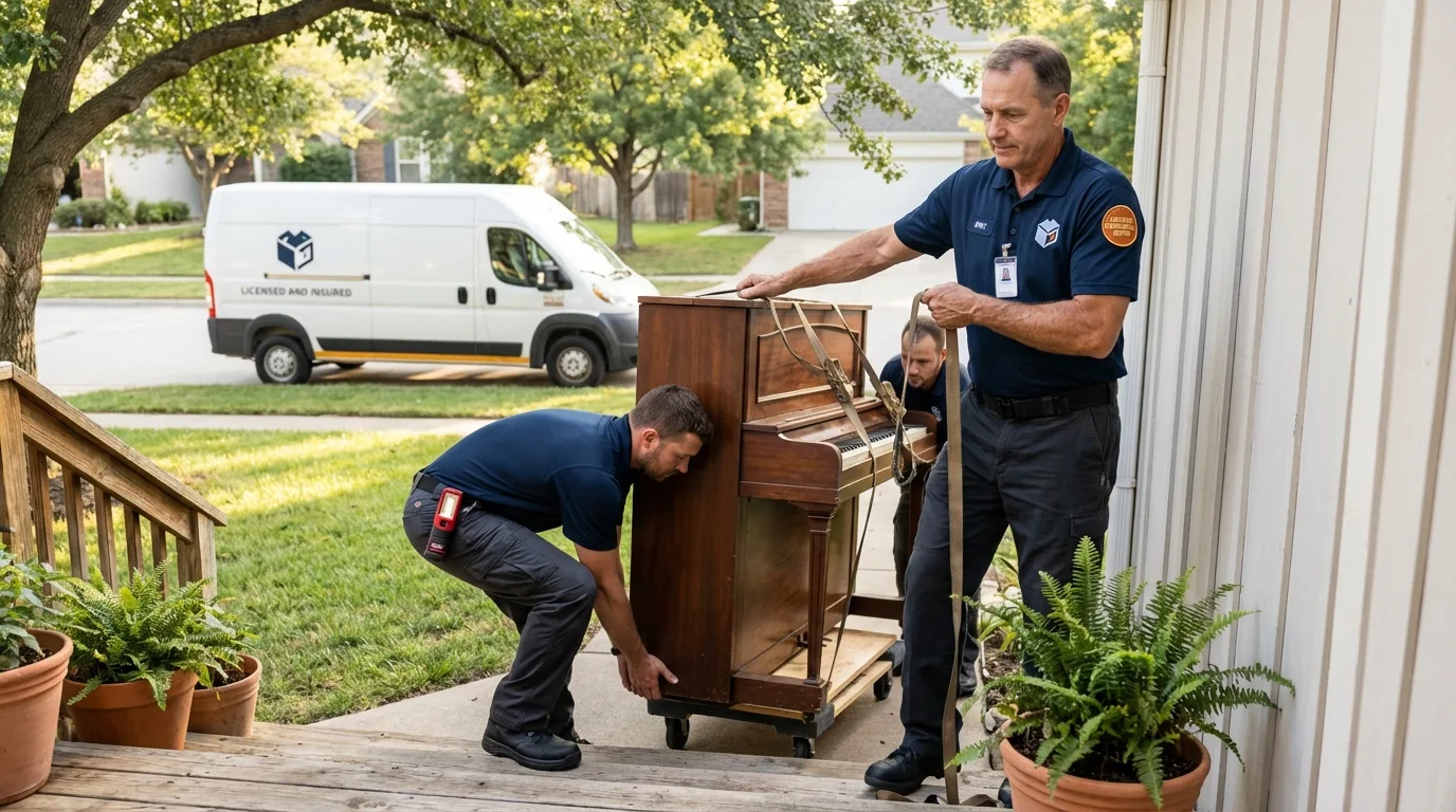 Licensed piano movers securing grand piano in Delphos, OH