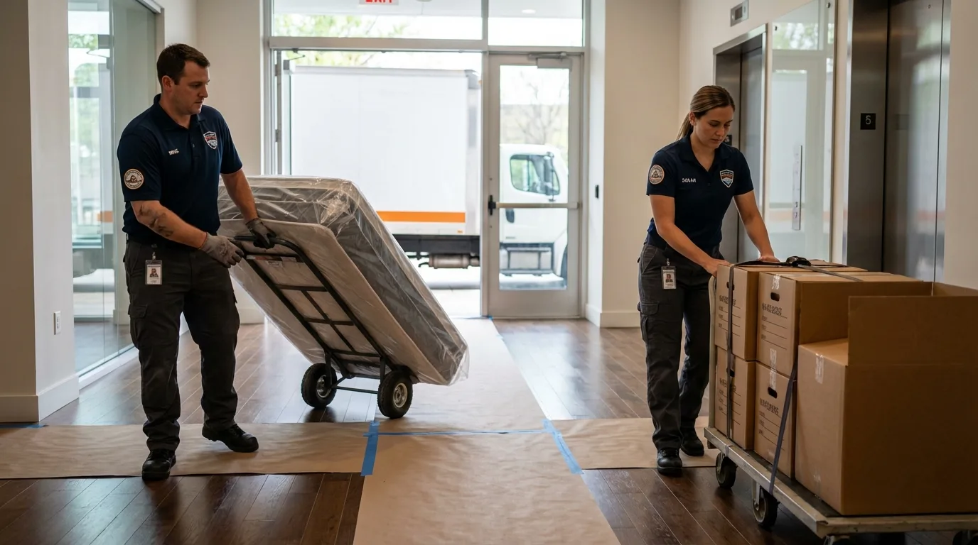 Professional apartment movers loading elevator in Delphos, OH